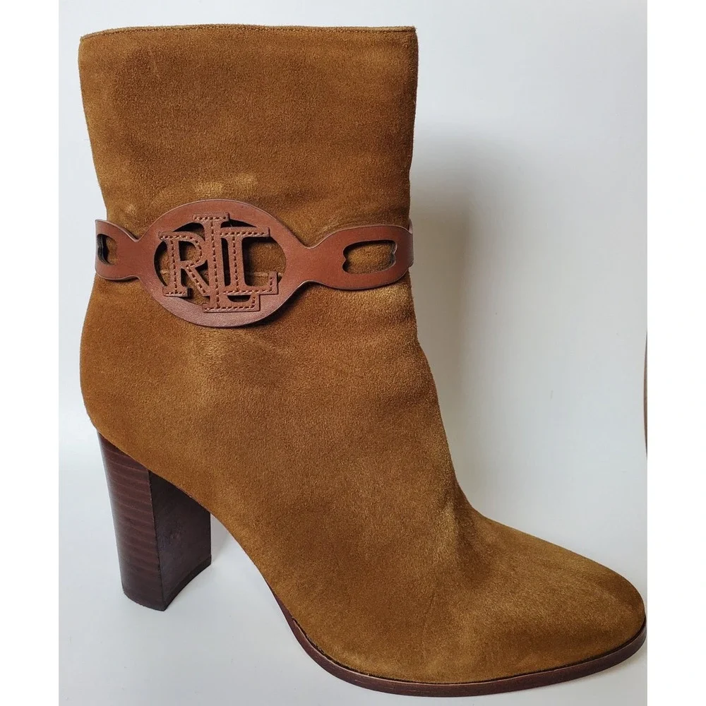 Ralph Lauren Abigael Brown Suede Leather‎ Booties Block Heel Classic Equestrian